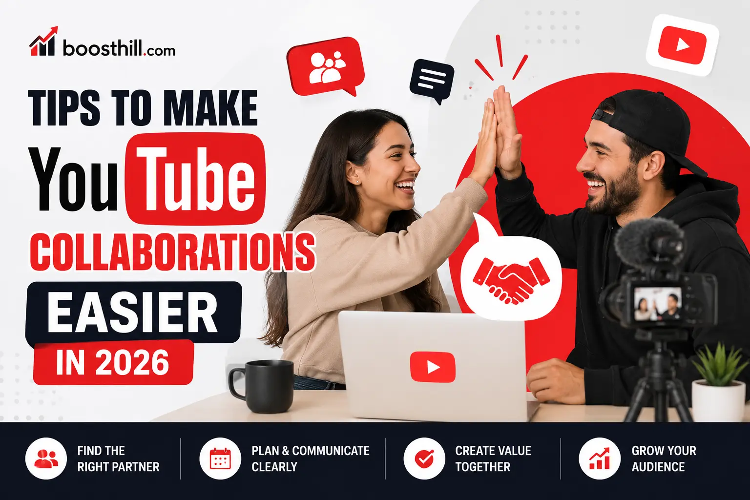 Featured image for the BoostHill guide on making YouTube collaborations easier — two creators high-fiving at a desk with a laptop and a camera on a tripod.