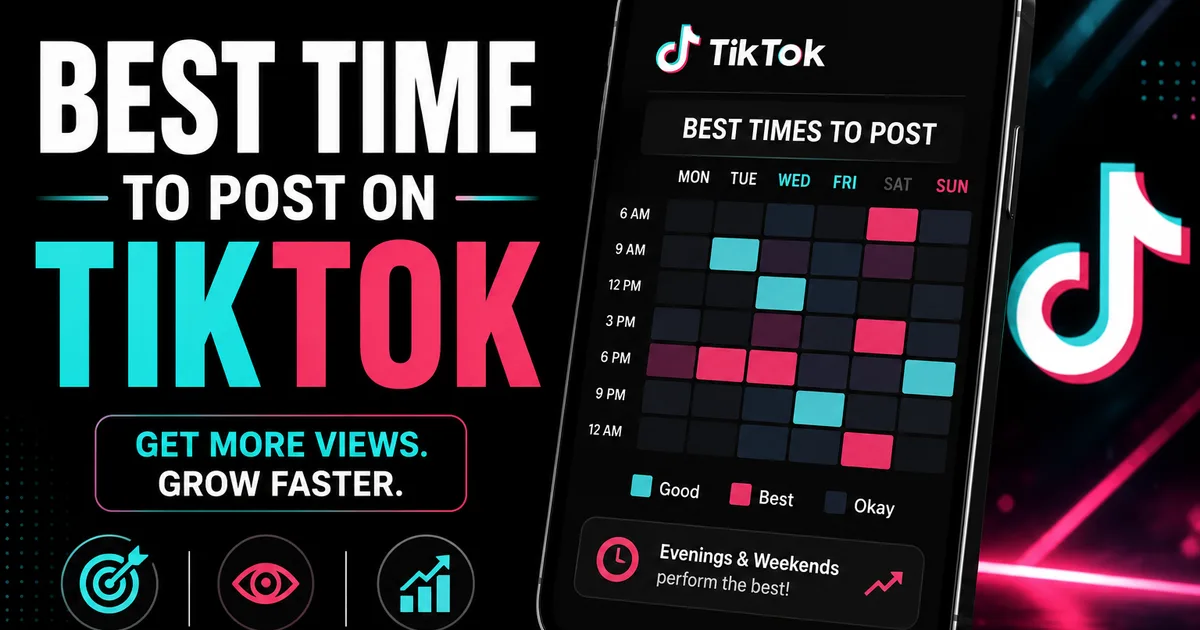 Illustrated BoostHill guide titled Best Time to Post on TikTok, showing a phone with a weekly heatmap of best posting times and tips to reach more viewers