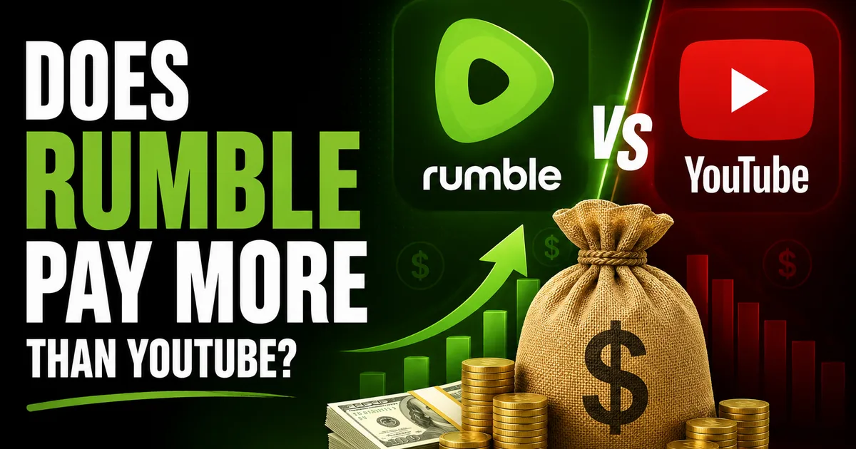 BoostHill comparison graphic, Does Rumble Pay More Than YouTube, contrasting the two video platforms with rising earnings charts and a bag of money