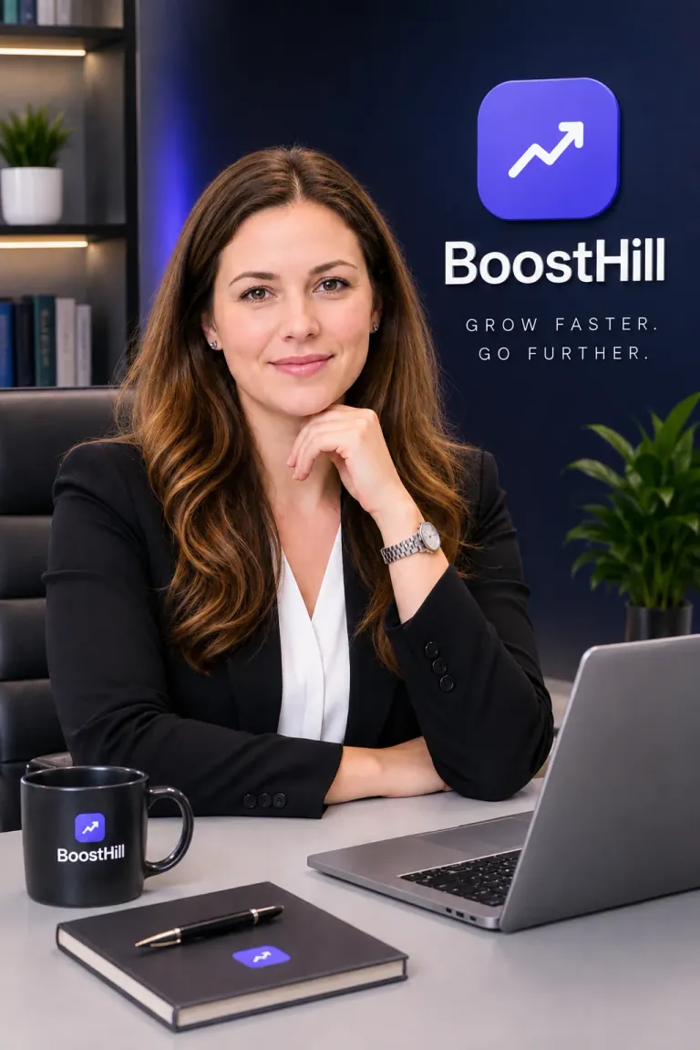 Eliza Rose, Founder and CEO of BoostHill, at her desk Eliza Rose, Founder and CEO of BoostHill, at her desk