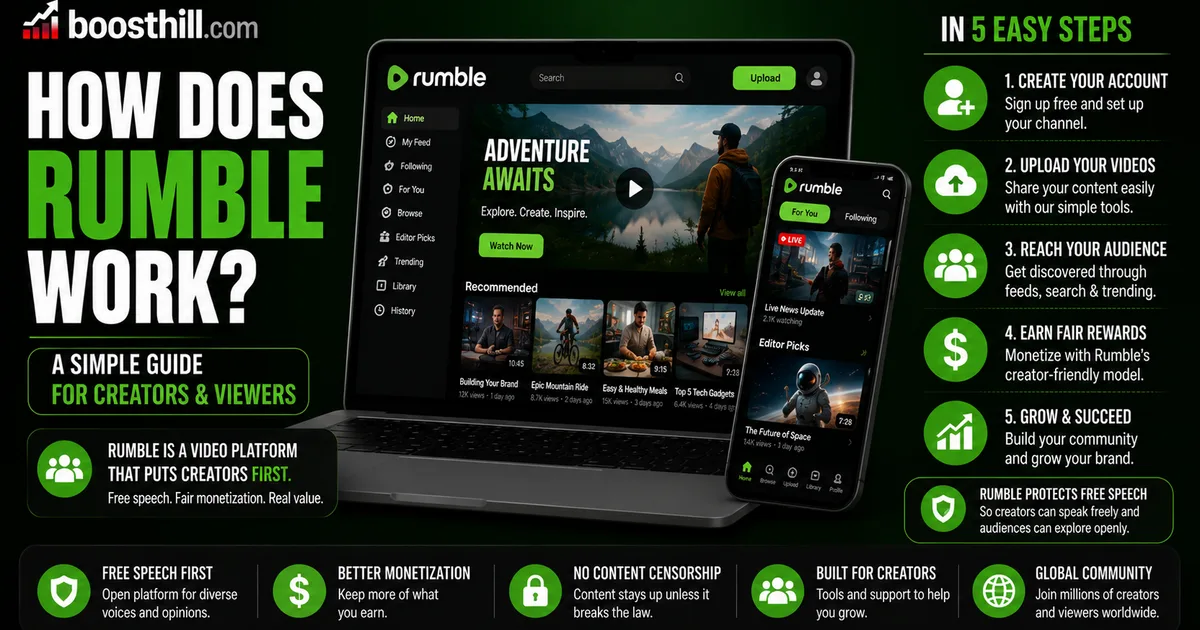 Illustrated BoostHill guide titled How Does Rumble Work, showing the Rumble video platform on a laptop and phone with a five-step explainer for creators and viewers