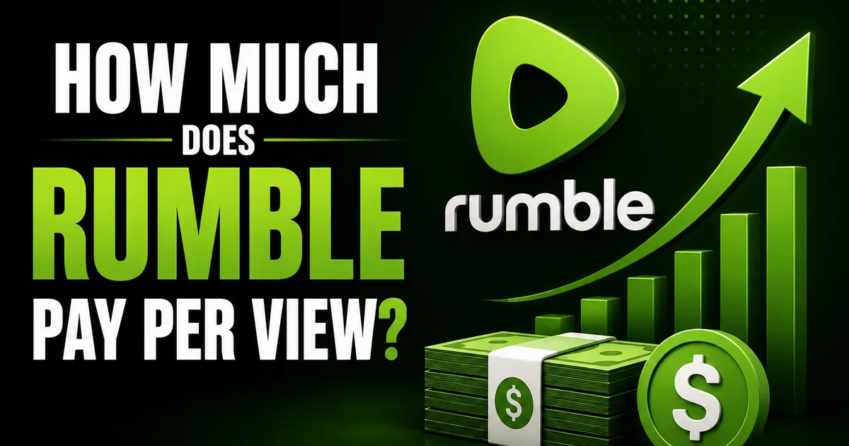 Illustrated BoostHill guide titled How Much Does Rumble Pay Per View, showing the Rumble logo with stacks of cash and a rising revenue chart