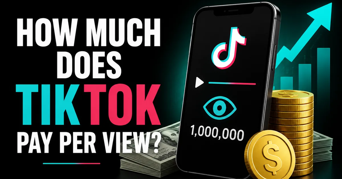 Illustrated BoostHill guide titled How Much Does TikTok Pay Per View, showing a phone with the TikTok logo, a one-million-view counter, cash and a rising earnings chart