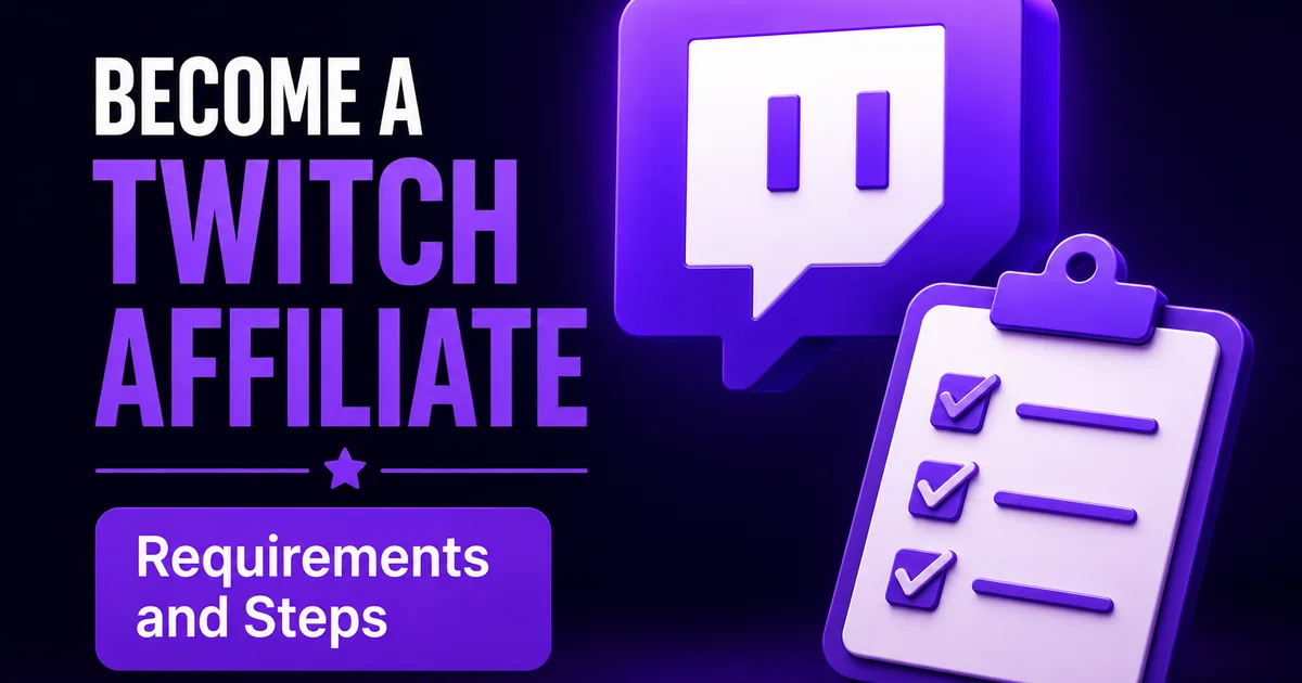 Become a Twitch Affiliate — Twitch icon with a requirements checklist