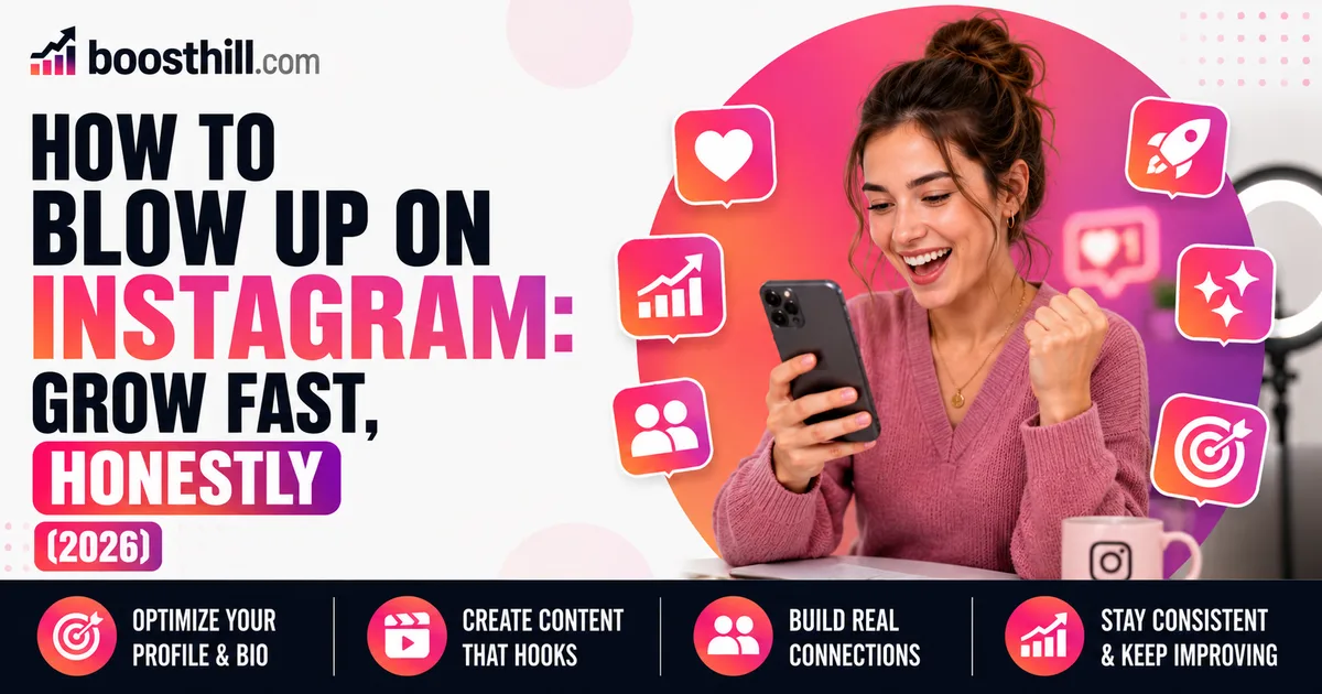 Featured image for the BoostHill guide on blowing up on Instagram — an excited creator on her phone surrounded by likes, growth and engagement icons.