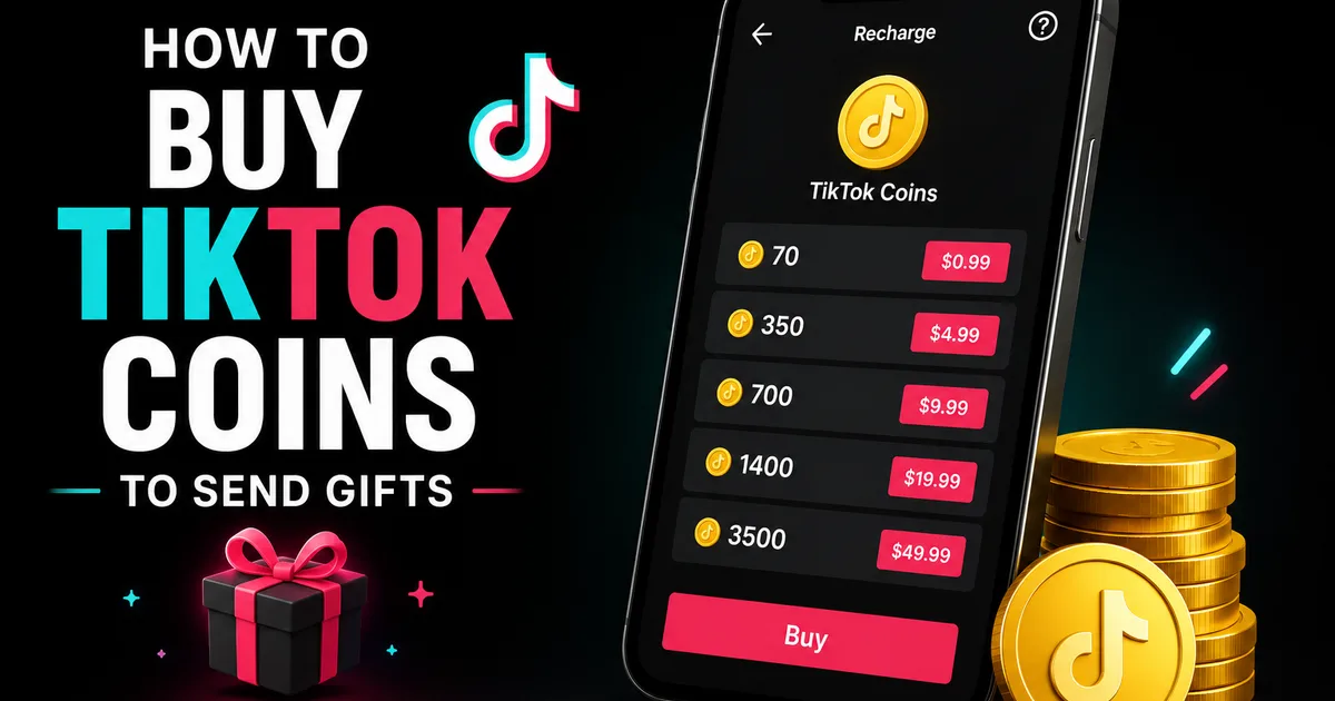 Illustrated BoostHill guide titled How to Buy TikTok Coins to Send Gifts, showing a phone on the TikTok Coins recharge screen with coin bundles, prices and a gift box