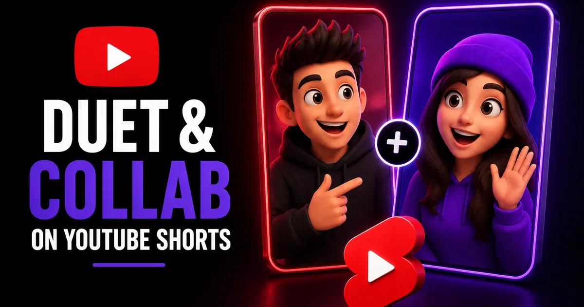 Featured image for the BoostHill guide on duets and collabs on YouTube Shorts — two creators on side-by-side phone screens joined by a plus sign above the red YouTube logo