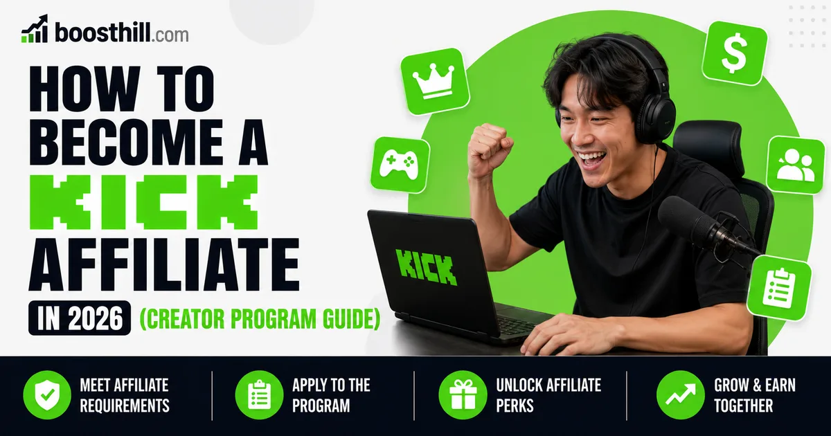 Featured image for the BoostHill guide to becoming a Kick Affiliate — an excited creator celebrating at a desk with headphones, a microphone, and a laptop showing the Kick logo.