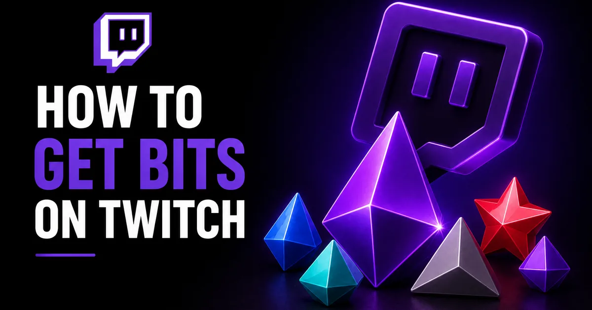 Featured image for the BoostHill guide on getting Bits on Twitch — the purple Twitch logo above a cluster of glowing gem-like Bits in blue, purple, red and teal