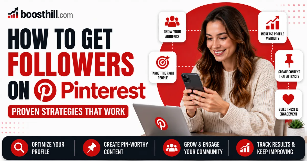 Featured image for the BoostHill guide on getting Pinterest followers — a creator on her phone with Pinterest audience-growth and engagement icons.