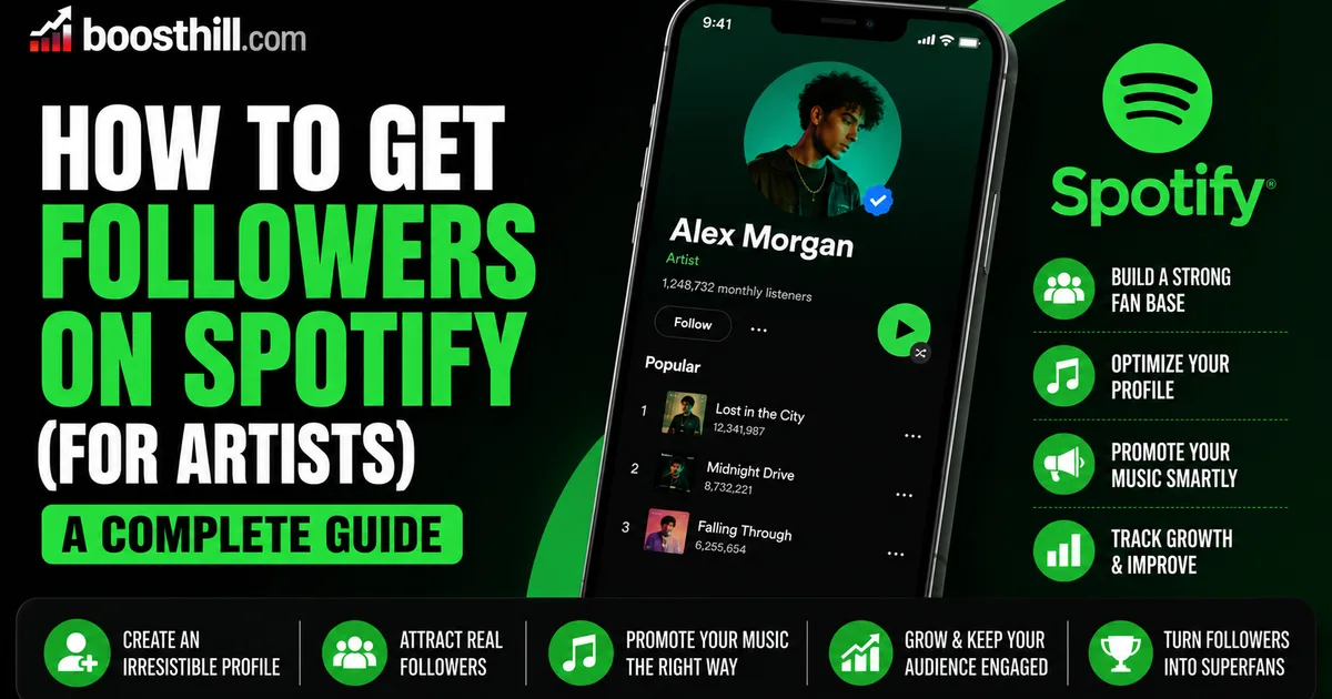Featured image for the BoostHill guide on getting Spotify followers as an artist — a Spotify artist profile on a phone with fan-growth and profile-optimization icons.