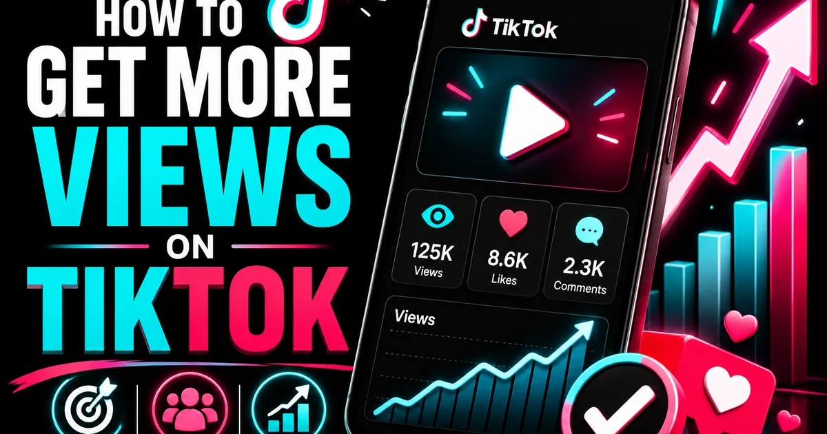 Illustrated BoostHill guide titled How to Get More Views on TikTok, showing a phone with rising views, likes and comments on a growth chart