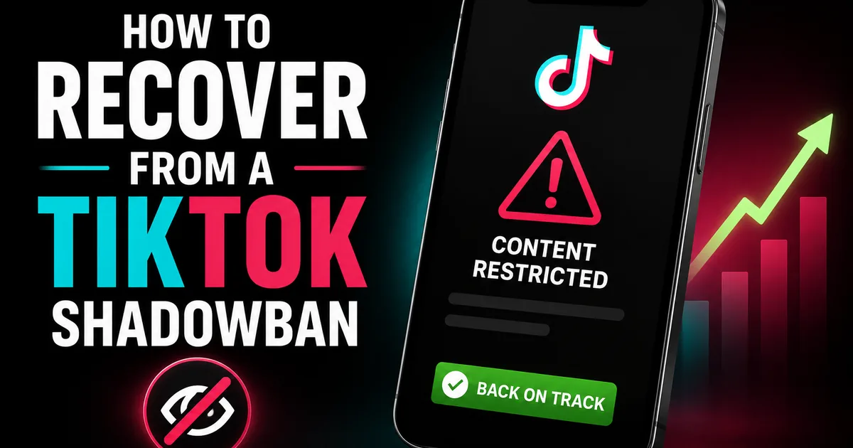 Illustrated BoostHill guide titled How to Recover From a TikTok Shadowban, showing a phone with a content-restricted warning and a back-on-track recovery path