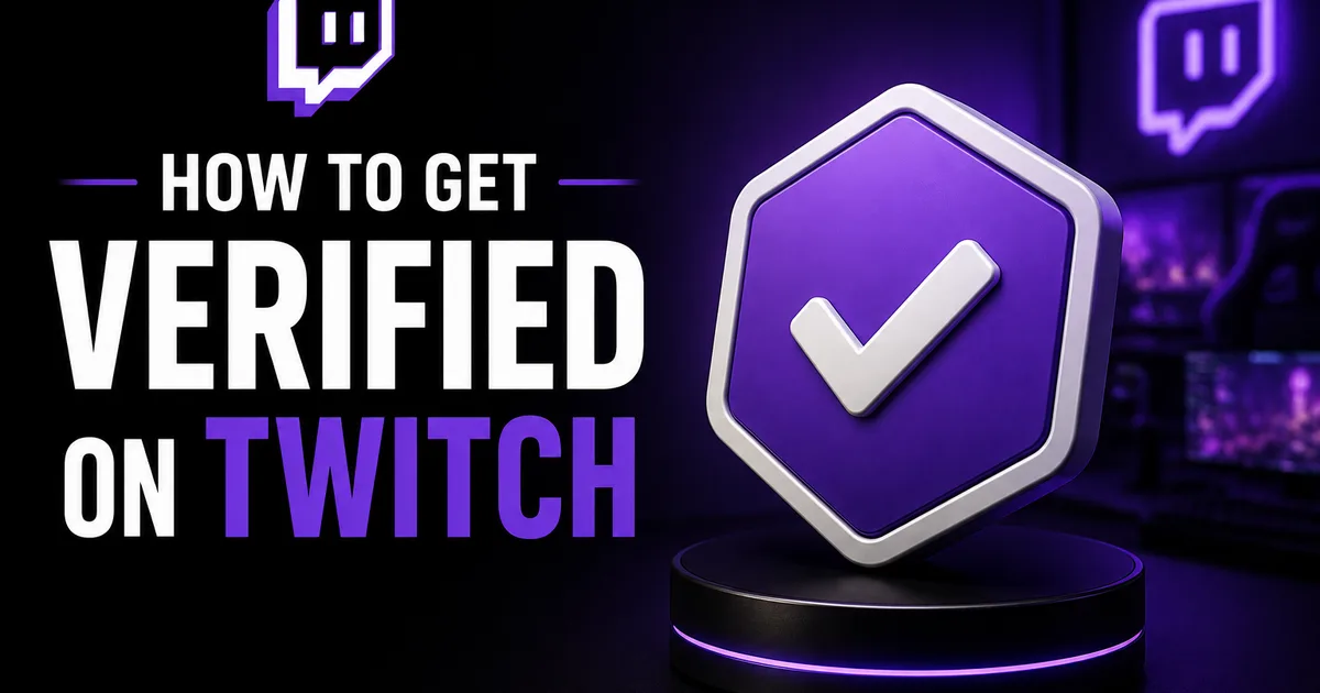 Illustrated BoostHill guide titled How to Get Verified on Twitch, showing a purple verified checkmark shield on a Twitch-themed background