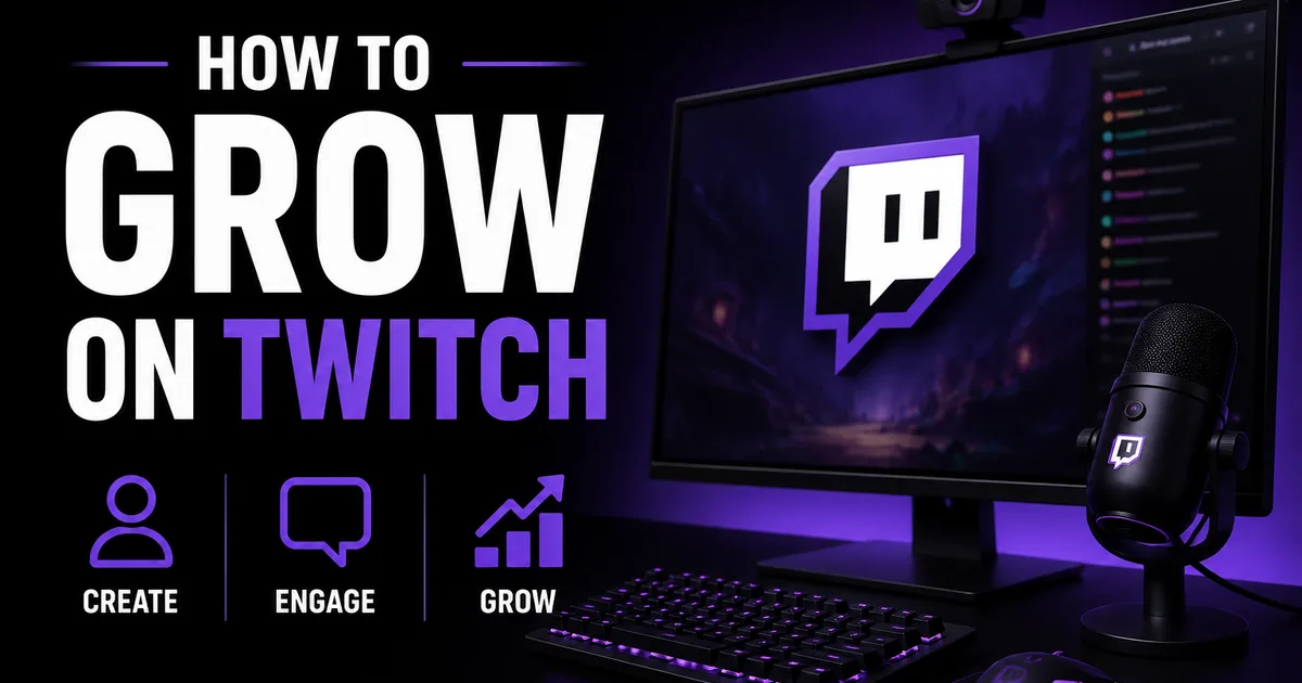 Illustrated BoostHill guide titled How to Grow on Twitch, showing a streaming setup with monitor, mic and webcam plus create, engage and grow steps