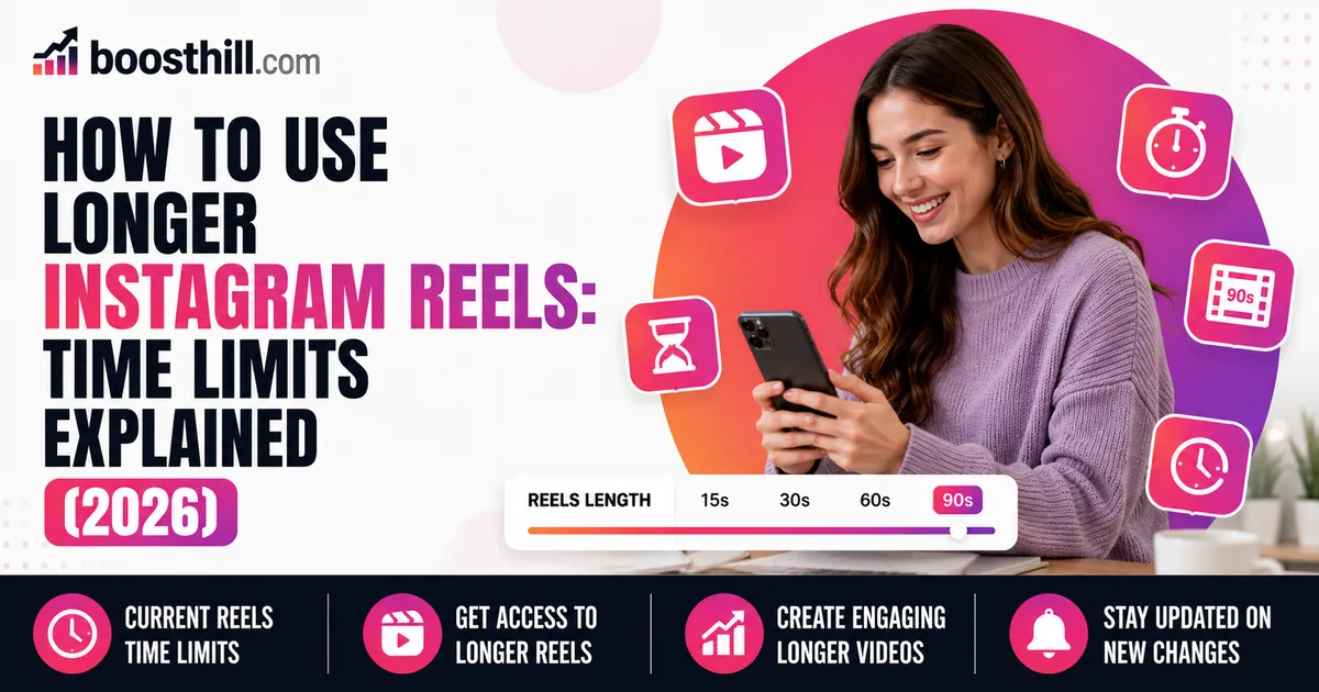 Featured image for the BoostHill guide on using longer Instagram Reels — a creator watching Reels on her phone beside a length selector showing 15s, 30s, 60s and 90s options.