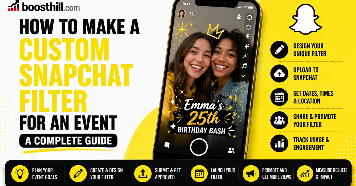 Featured image for the BoostHill guide on making a custom Snapchat filter for an event — a phone showing a birthday Snapchat geofilter with design and promotion steps.