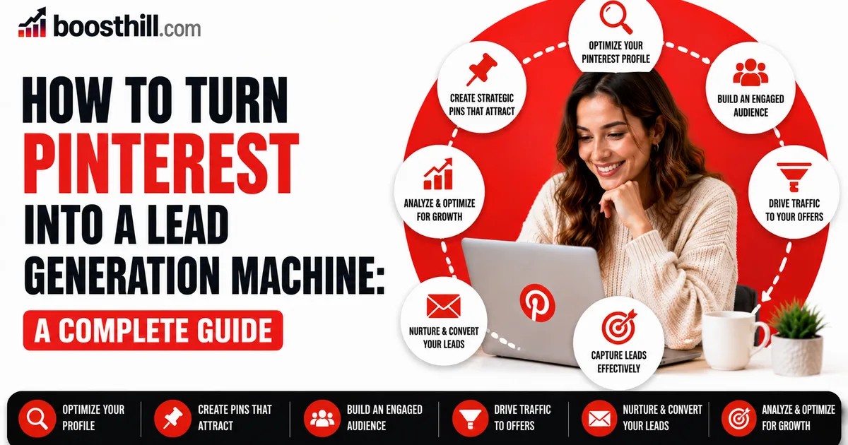 Featured image for the BoostHill guide on making money on Pinterest — a creator at a laptop with Pinterest pins, shopping and revenue icons.