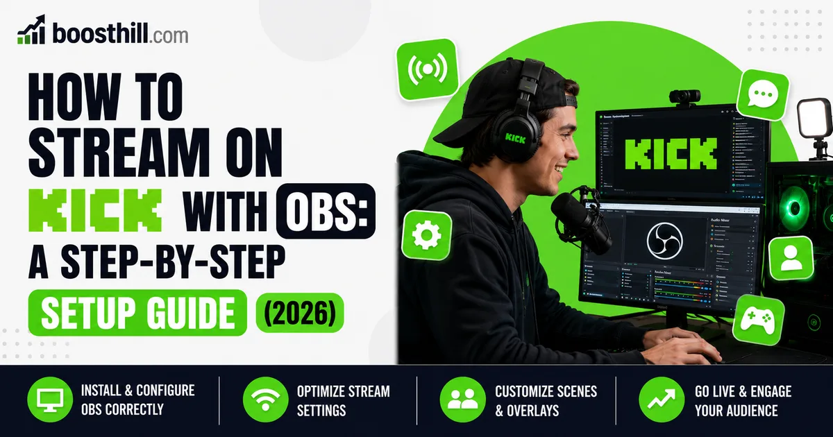 Featured image for the BoostHill guide on streaming to Kick with OBS — a headphone-wearing creator at a dual-monitor setup with OBS Studio open and a microphone.