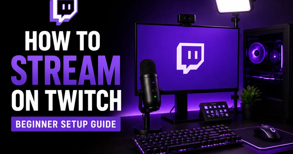 Illustrated BoostHill guide titled How to Stream on Twitch, a beginner setup guide showing a streaming desk with monitor, microphone, key light and keyboard