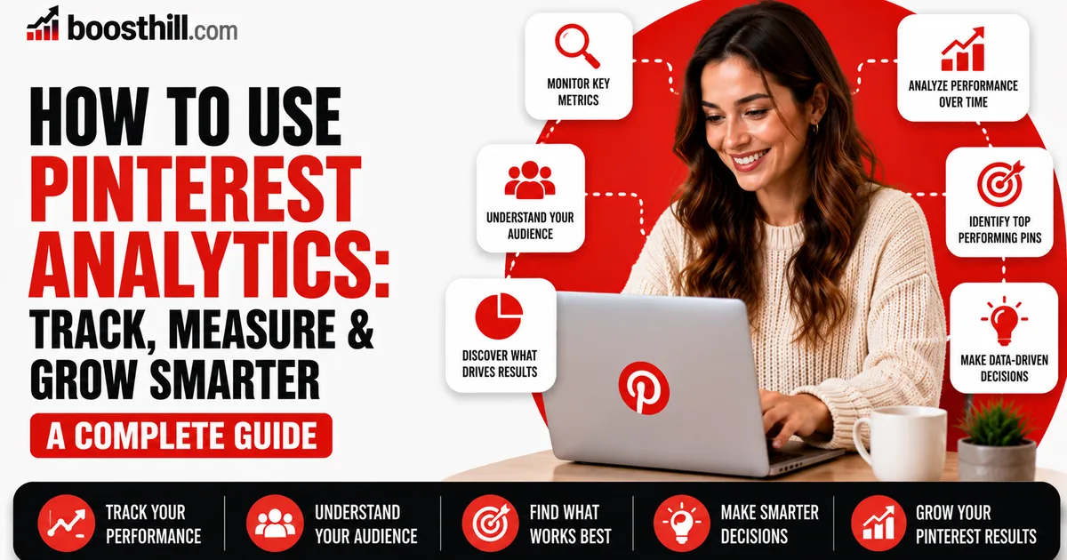Featured image for the BoostHill guide on using Pinterest to drive blog traffic — a creator at a laptop with Pinterest, keyword-research and website-traffic icons.