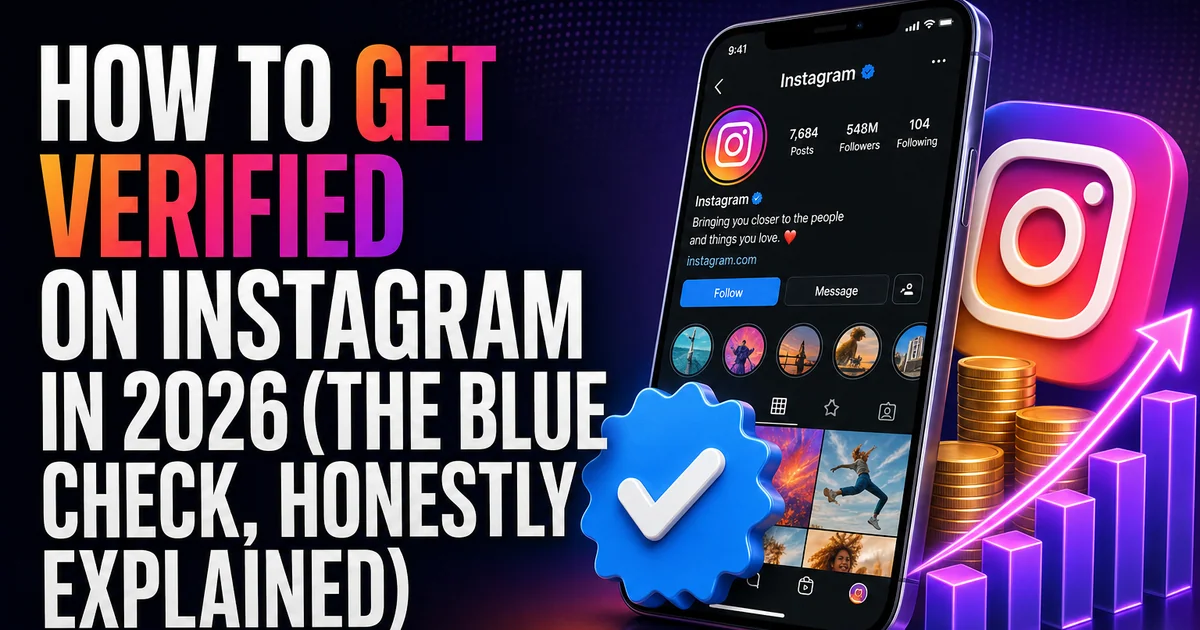 BoostHill guide titled How to Get Verified on Instagram, showing a profile with a blue verification badge