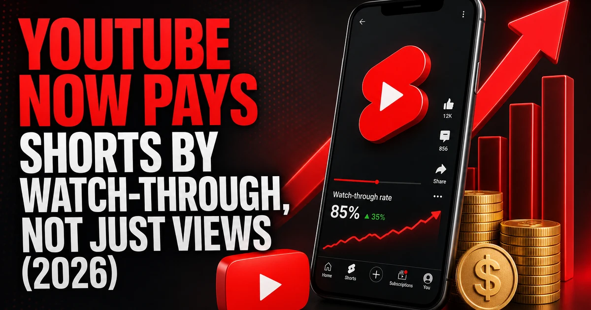 YouTube Now Pays Shorts by Watch-Through, Not Just Views (2026) BoostHill news graphic: YouTube Shorts now pays creators by watch-through and engagement in 2026