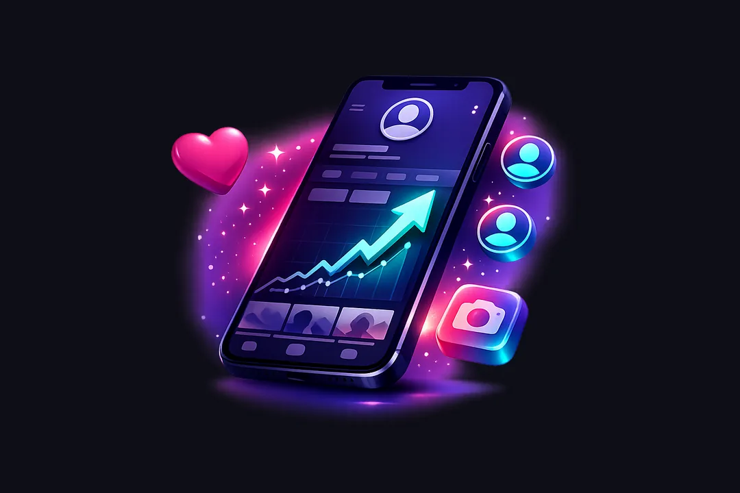 Instagram profile on a phone with a rising follower graph and floating avatar bubbles