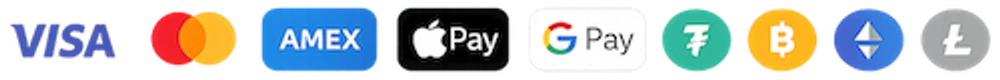 Accepted payment methods: Visa, Mastercard, American Express, Apple Pay, Google Pay, USDT, Bitcoin, Ethereum, Litecoin