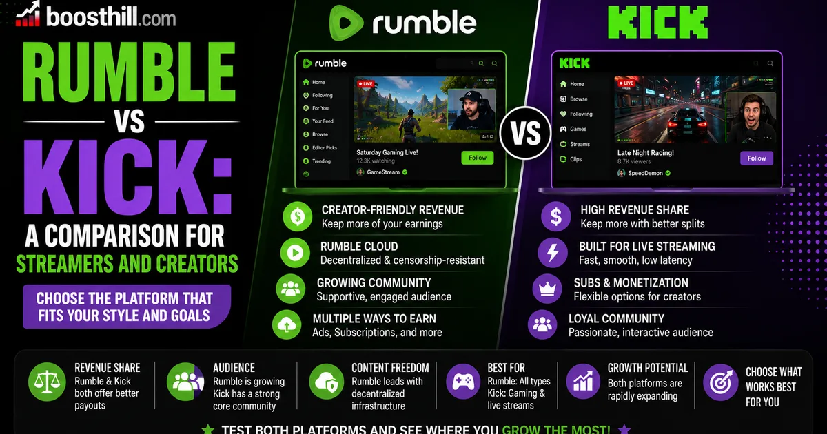 BoostHill comparison graphic, Rumble vs Kick for streamers and creators, contrasting revenue share, live streaming, community and growth potential