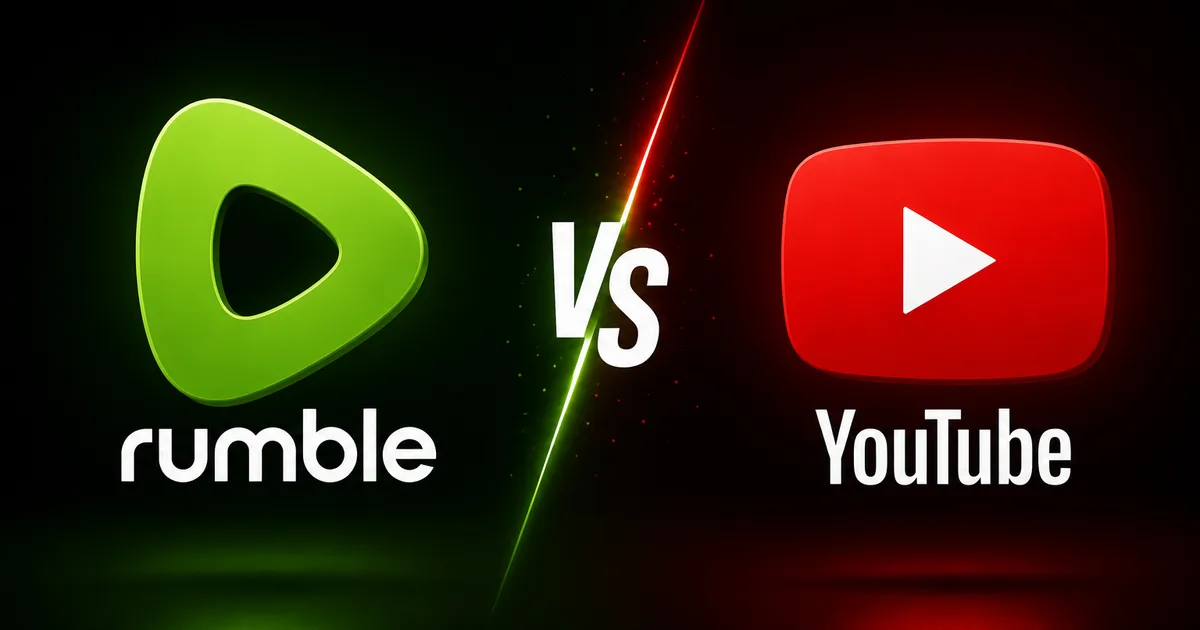 Rumble versus YouTube — the Rumble and YouTube logos shown side by side with a VS divider, illustrating a comparison of the two video platforms for creators