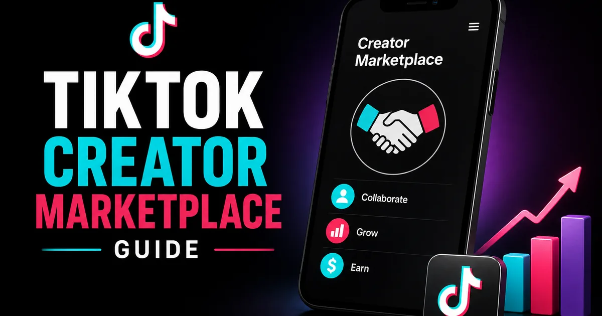 Illustrated BoostHill guide to the TikTok Creator Marketplace, showing a phone with collaborate, grow and earn options for creators and brands