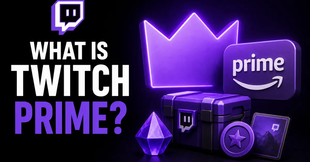 Illustrated BoostHill guide titled What Is Twitch Prime, showing the Amazon Prime badge with a crown, loot crate and Twitch gems for Prime Gaming