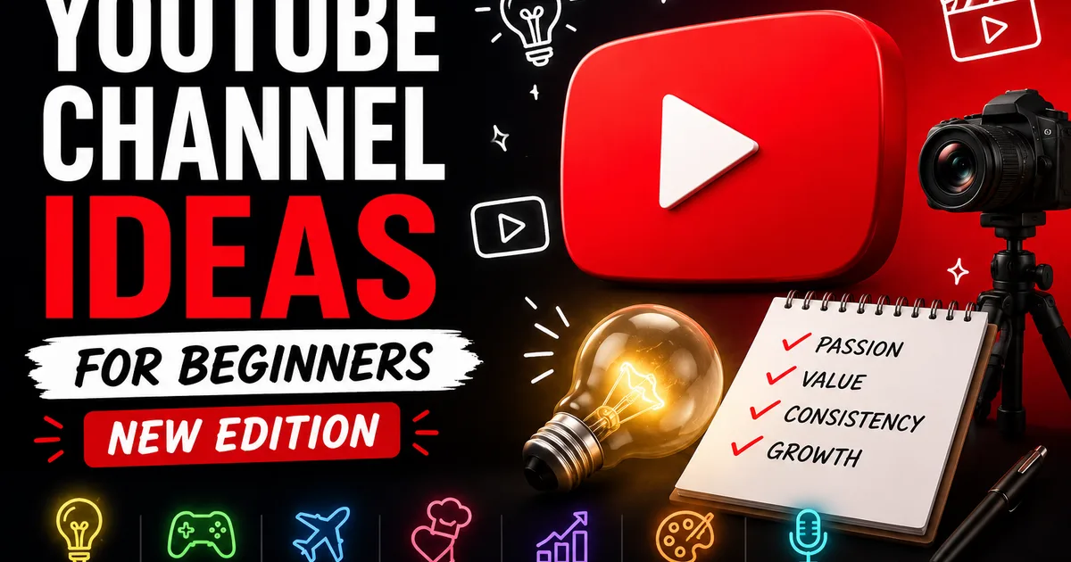 YouTube channel ideas for beginners — play button with niche icons