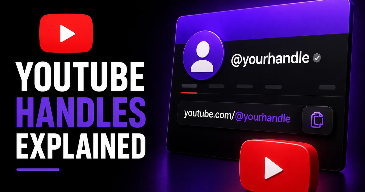 Featured image for the BoostHill guide on YouTube handles — a profile card showing an @yourhandle username and youtube.com/@yourhandle URL beside the red YouTube play button