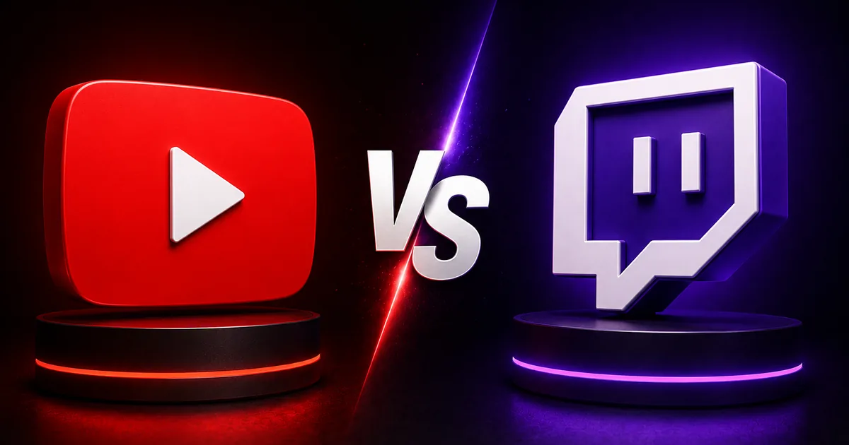 BoostHill comparison graphic, YouTube vs Twitch for streamers, contrasting the red YouTube play button and the purple Twitch logo on lit podiums with a VS divider